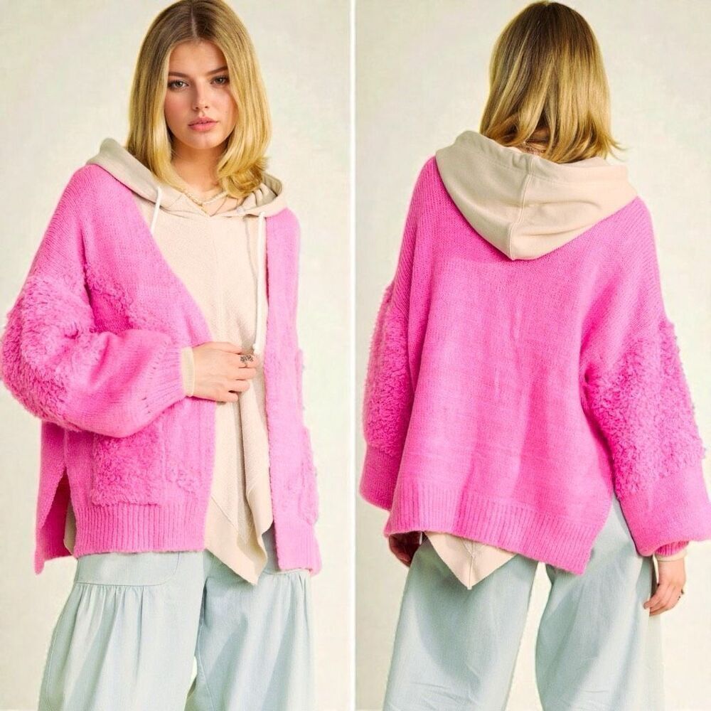 Pink Side Slit Open Front Cardigan Size Large NEW - Davi & Dani - Picture 2 of 14